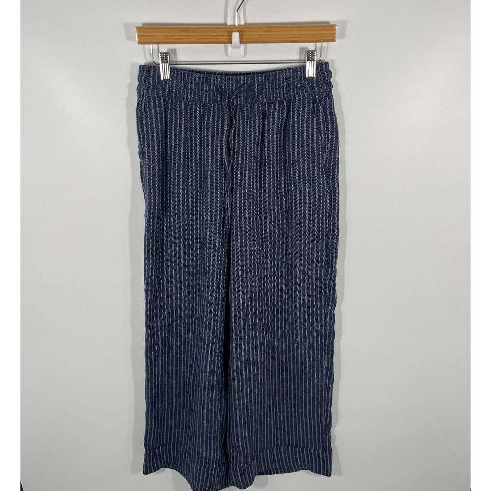 Womens Linen Blend Pants XS Navy Wide Leg Striped Coastal Euro Summer Resort